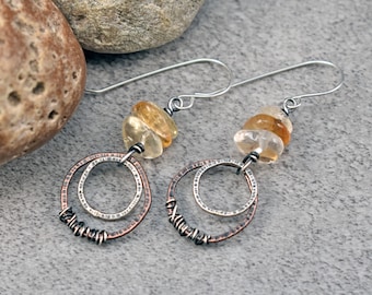 Citrine Mixed Metal Earrings, Copper Sterling Silver Circles, Yellow Crystal Dangles, Unique Rustic Gemstone Jewelry, November Birthstone