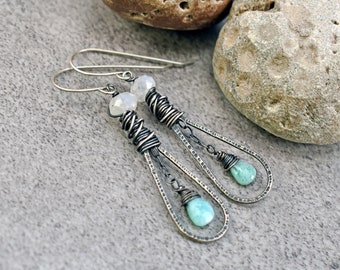 Moonstone Amazonite Sterling Silver Earrings, Light Blue White Gemstone Dangles, Rustic Artisan Wire Teardrop Jewelry Handmade