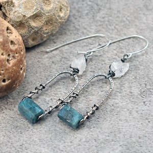 Raw Apatite and Quartz Earrings, Rustic Sterling Silver Rough Gemstone Dangles, Unique Artisan Crystal Wire Jewelry Handmade