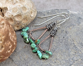 Green Turquoise Boho Triangle Earrings, Rustic Mixed Metal Jewelry Handmade, Unique Copper Sterling Silver Dangles