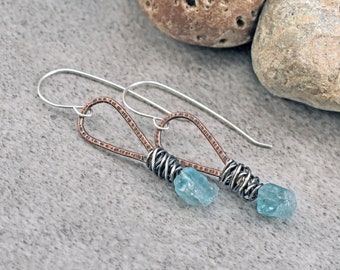 Raw Apatite Earrings Handmade, Rustic Copper Teardrop Dangles, Light Blue Crystal Jewelry, Rough Gemstone, Mixed Metal