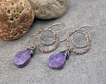 Charoite Mixed Metal Earrings, Natural Purple Gemstone Dangles, Rustic Sterling Silver Jewelry, Copper Statement Circle Earrings