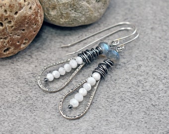 Moonstone Labradorite Teardrop Earrings, Sterling Silver Gemstone Dangles, Rustic Artisan Wire Jewelry Handmade