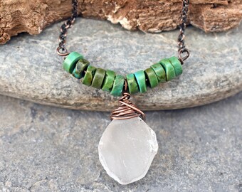 Raw Quartz Teardrop Necklace, Rustic Copper Green Turquoise Pendant, Natural Rough Stone Jewelry Handmade