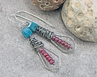 Apatite and Ruby Earrings, Rustic Sterling Silver Gemstone Dangles, Blue and Pink Stones, Unique Artisan Wire Jewelry Handmade