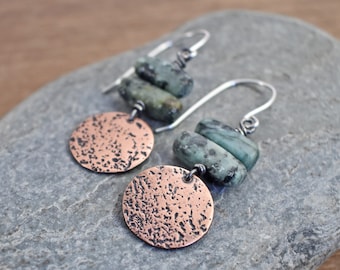 African Turquoise Jasper Earrings, Earthy Copper Gemstone Dangles, Rustic Green Stone Jewelry Handmade