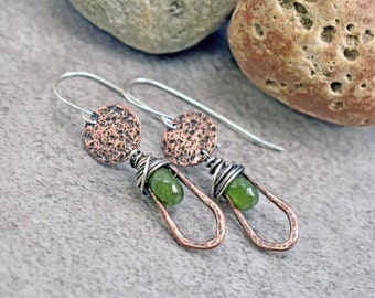 Artisan Jade Earrings, Rustic Green Stone Dangles, Unique Copper Jewelry Handmade, Sterling Silver Ear Wires