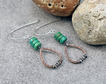 Green Turquoise Teardrop Earrings, Rustic Mixed Metal Jewelry Handmade, Unique Copper Sterling Silver Dangles