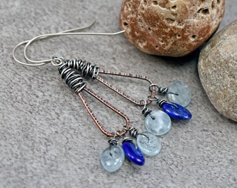 Aquamarine Mixed Metal Earrings, Lapis Lazuli Boho Triangle Jewelry Handmade, Rustic Blue, Unique Copper Sterling Silver Dangles