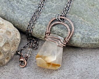 Rutilated Quartz Pendant, Long Light Yellow Stone Necklace, Artisan Copper Wire Jewelry, Unique Crystal Gift