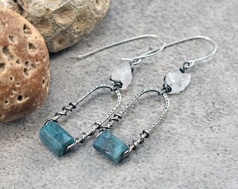 Raw Apatite and Quartz Earrings, Rustic Sterling Silver Rough Gemstone Dangles, Unique Artisan Crystal Wire Jewelry Handmade