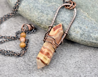 Long Crazy Lace Agate Necklace, Hammered Copper Wire Pendant, Rustic Stone Jewelry, Earthy Fall Color, Yellow Red Double Terminated Point