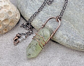 Prehnite Crystal Necklace, Double Terminated Green Stone Pendant, Rustic Copper Wire Jewelry, Natural Gemstone