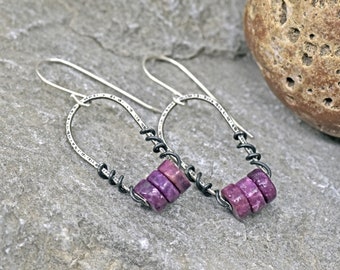 Lepidolite Earrings Sterling Silver, Magenta Gemstone Dangles, Rustic Wire Jewelry, Natural Fuchsia Stone, Bright Purple Pink