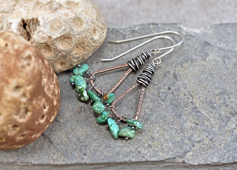 Green Turquoise Boho Triangle Earrings, Rustic Mixed Metal Jewelry Handmade, Unique Copper Sterling Silver Dangles image 1