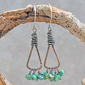 Green Turquoise Boho Triangle Earrings, Rustic Mixed Metal Jewelry Handmade, Unique Copper Sterling Silver Dangles image 3