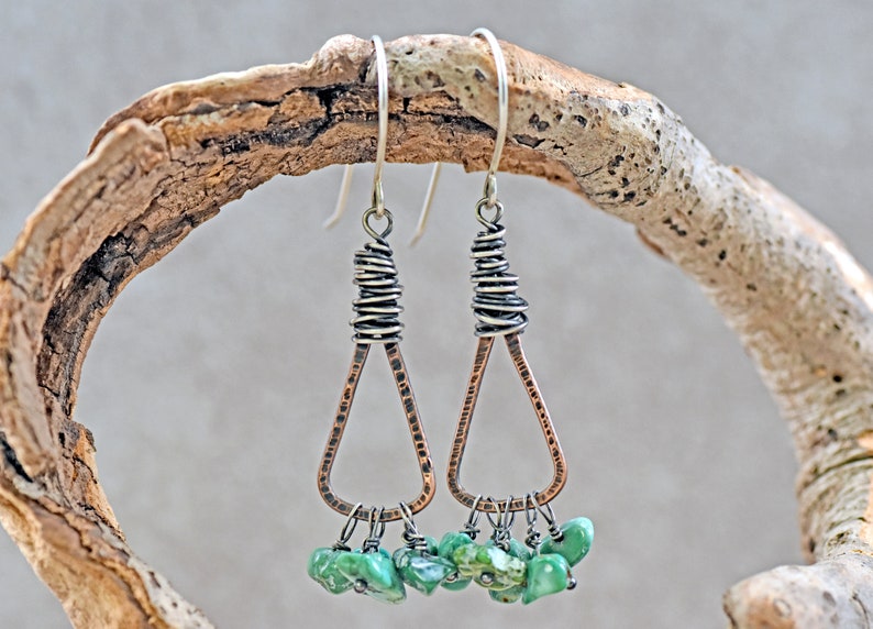 Green Turquoise Boho Triangle Earrings, Rustic Mixed Metal Jewelry Handmade, Unique Copper Sterling Silver Dangles image 3