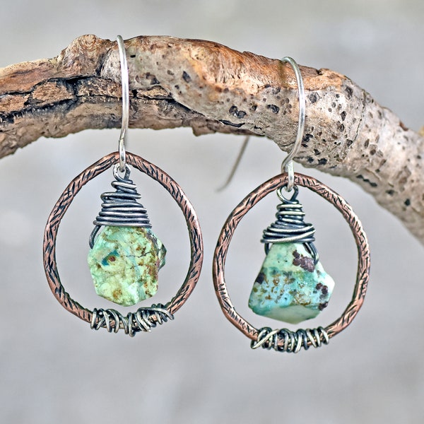 Turquoise Teardrop Earrings, Rustic Copper Circle Jewelry, Mixed Metal Blue Green Dangles, Unique Artisan