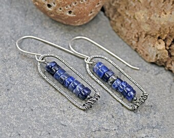 Sodalite Sterling Silver Earrings, Rustic Rectangle Dangles, Natural Dark Blue Gemstone Wire Jewelry