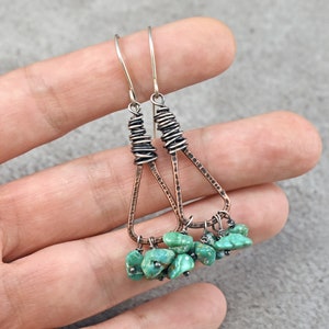 Green Turquoise Boho Triangle Earrings, Rustic Mixed Metal Jewelry Handmade, Unique Copper Sterling Silver Dangles image 4