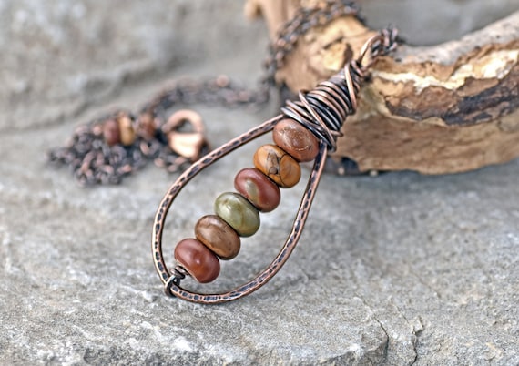 Green Jasper Jewelry Long Copper Boho Necklace Picasso Jasper Necklace Picasso Jasper Jewelry Long Boho Necklace Rustic Copper Necklace