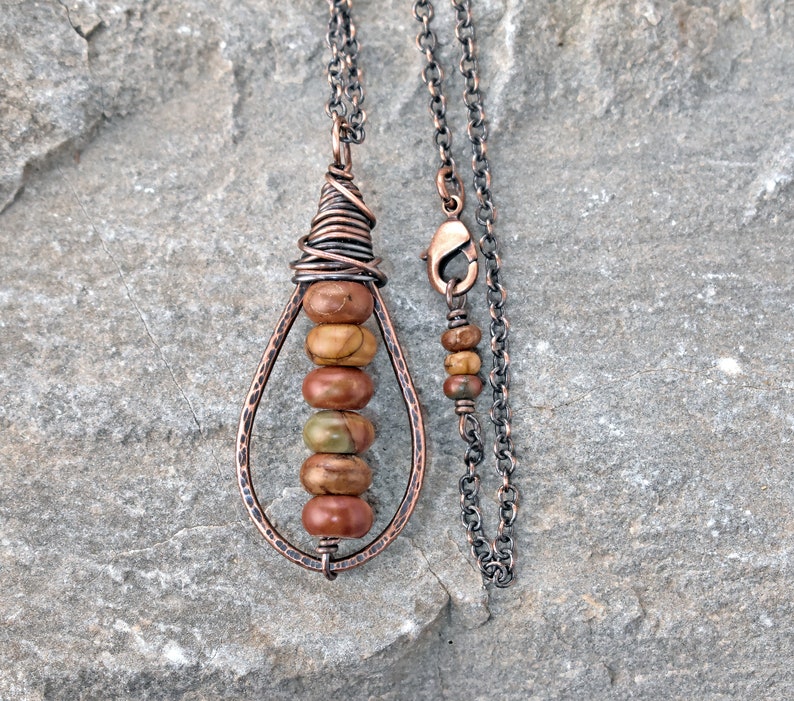 Green Jasper Jewelry Long Copper Boho Necklace Picasso Jasper Necklace Picasso Jasper Jewelry Long Boho Necklace Rustic Copper Necklace