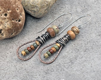 Red Creek Jasper Earrings, Natural Fall Color Stone Dangles, Rustic Copper Teardrop Jewelry, Mixed Metal