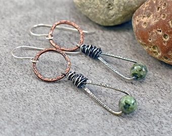 African Turquoise Jasper Earrings, Unique Mixed Metal Dangles, Light Green Gemstone Jewelry, Copper and Sterling Silver