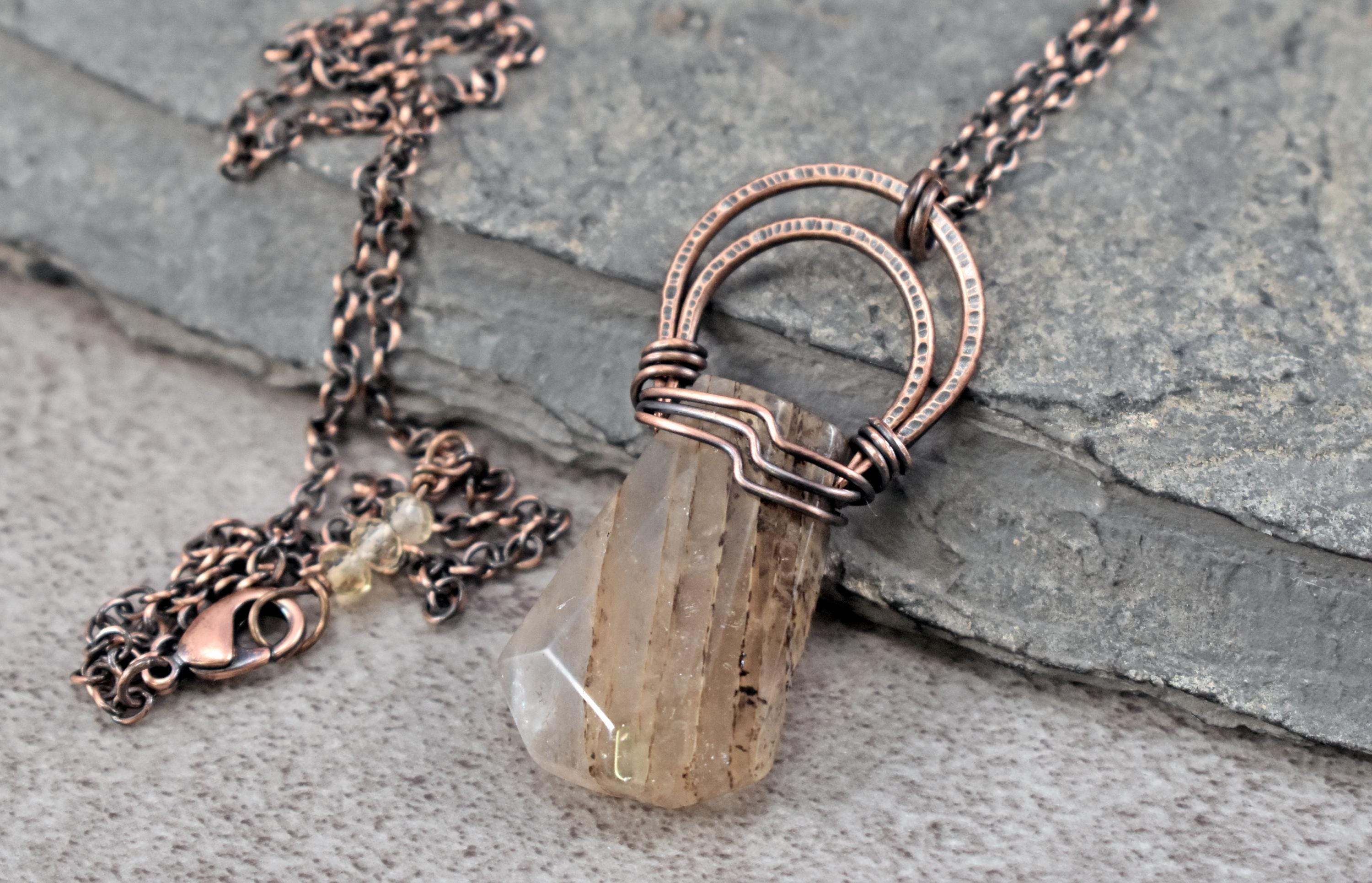 Rutilated Quartz Pendant, Long Light Yellow Stone Necklace, Artisan Copper Wire Jewelry, Unique Crystal Gift
