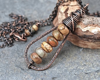 Long Red Creek Jasper Necklace, Hammered Copper Wire Pendant, Rustic Earthy Stone Jewelry, Picasso Jasper, Cherry Creek