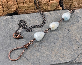 Aquamarine Teardrop Necklace, Copper Pale Blue Stone Pendant, Unique Natural Gemstone Jewelry Handmade