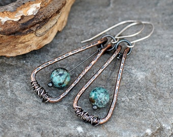 African Turquoise Jasper Earrings, Blue Green Gemstone Jewelry Copper, Rustic Mixed Metal Dangles, Unique Artisan