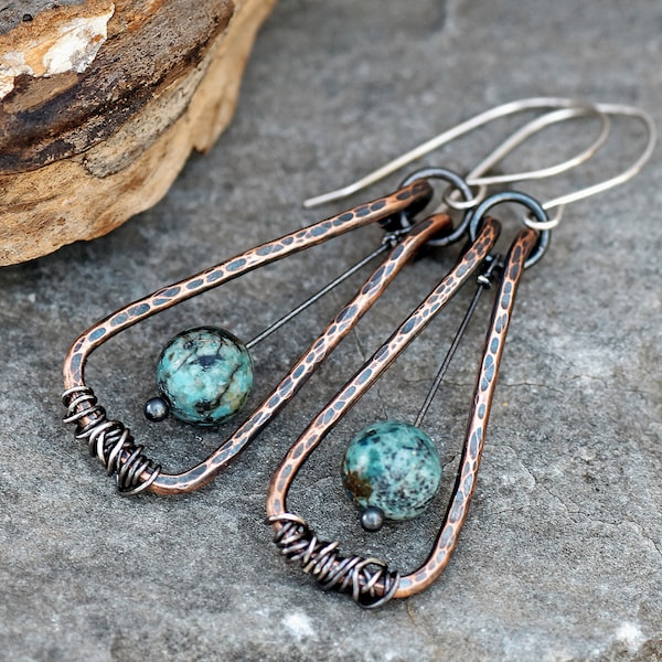 African Turquoise Jasper Earrings, Blue Green Gemstone Jewelry Copper, Rustic Mixed Metal Dangles, Unique Artisan