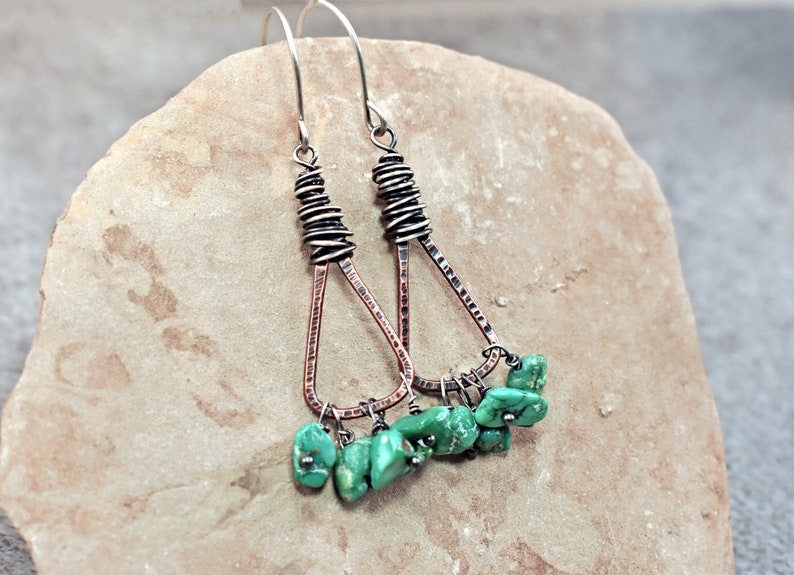 Green Turquoise Boho Triangle Earrings, Rustic Mixed Metal Jewelry Handmade, Unique Copper Sterling Silver Dangles image 2