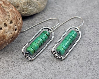 Turquoise Sterling Silver Earrings, Rustic Boho Jewelry Handmade, Unique Green Gemstone Dangles