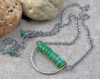 Simple Turquoise Sterling Silver Necklace, Unique Boho Style Jewelry, Artisan Handmade, Rustic Green Stone Pendant