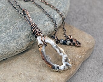 Oco Agate Druzy Necklace, Natural Crystal Black and White Stone Pendant, Copper Wire Gemstone Jewelry Handmade