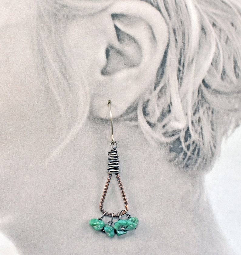 Green Turquoise Boho Triangle Earrings, Rustic Mixed Metal Jewelry Handmade, Unique Copper Sterling Silver Dangles image 5