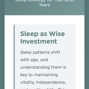 May include: A rectangular informational card with a sage green header and white body. The text reads: Wisdom & Recovery, Product Code: SHJ-OM-001, Sleep Strategy for Your Best Years, Sleep as Wise Investment, Sleep patterns shift with age, and understanding them is key to maintaining vitality, independence, and quality of life. This journal helps you track, optimize, and work skillfully with sleep in your 60s and beyond.