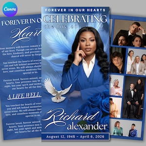 Könnte beinhalten: Eine Trauerprogramm-Vorlage in Blau mit einem Porträt einer Person im blauen Blazer, einer weißen Taube und blauen Rosen. Der Text umfasst FOREVER IN OUR HEARTS, CELEBRATING the life of, Richard Alexander und die Daten 12. August 1948 - 6. April 2026.