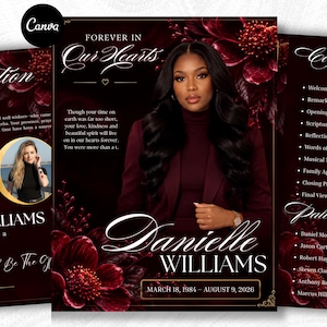 Pode incluir: Um modelo de programa funerário com fundo bordô escuro e detalhes florais em vermelho profundo. O design inclui o retrato de uma pessoa, o texto Forever In Our Hearts, Danielle Williams e as datas 18 de março de 1984 – 9 de agosto de 2026.