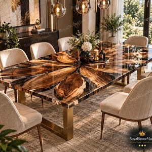 May include: A rectangular dining table featuring a polished wood slab surface with a radial petal-like arrangement embedded in a dark resin finish, supported by thick gold-toned metal legs, surrounded by six upholstered cream-colored chairs.