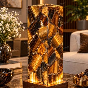 Tiger Eye Table Lamp, Rectangular Gemstone Stone Light, Handmade Luxury Gold Brown Home Decor