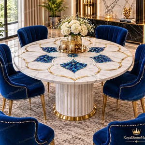 May include: A round white marble dining table featuring a central floral inlay of blue stone petals outlined in gold metal. The table has a fluted white marble pedestal base with a gold metal trim and is surrounded by six blue velvet chairs.