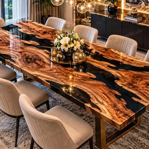 May include: A rectangular dining table featuring a live-edge wood slab with a glossy finish and a central black resin inlay, supported by gold-toned metal legs, surrounded by eight upholstered chairs with vertical channel tufting.