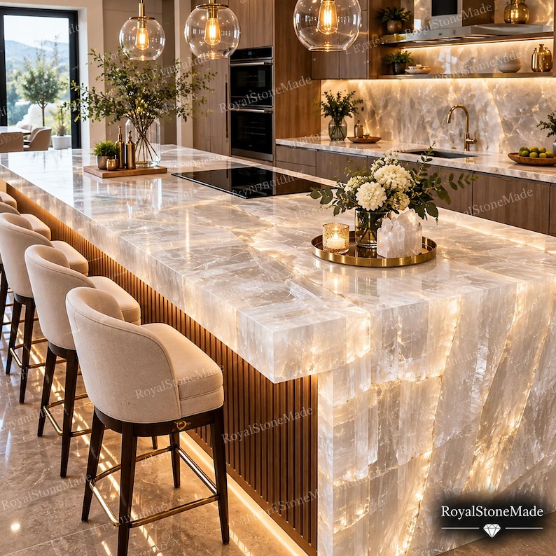 Selenite Kitchen Island Countertop, Black Stone Counter Top, Luxury ...