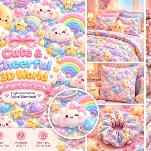 May include: A digital seamless pattern design featuring 3D cartoon clouds, smiling yellow moons, colorful rainbows, stars, and planets. The text reads Cute & Cheerful 3D World, Seamless Pattern Design, High-Resolution Digital Download.