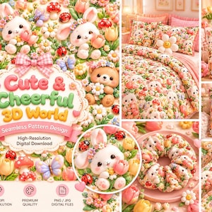 May include: A digital pattern design featuring 3D-style illustrations of white bunnies and brown bears surrounded by colourful flowers, mushrooms, and ladybirds. The text reads Cute & Cheerful 3D World Seamless Pattern Design.