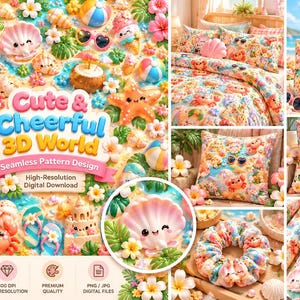 May include: A digital download featuring a seamless pattern design titled Cute & Cheerful 3D World, displaying colourful 3D illustrations of crabs, seashells, beach balls, and flowers on various items like bedding, a tote bag, and a scrunchie.