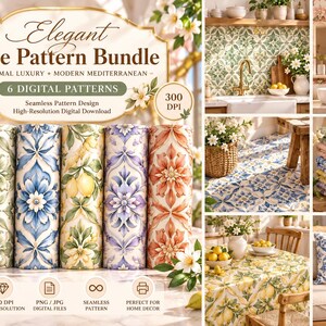 May include: A digital bundle featuring six seamless tile patterns with floral and lemon motifs in shades of pink, green, blue, and orange. The image displays the text Elegant Tile Pattern Bundle, 6 Digital Patterns, 300 DPI, PNG, and JPG.